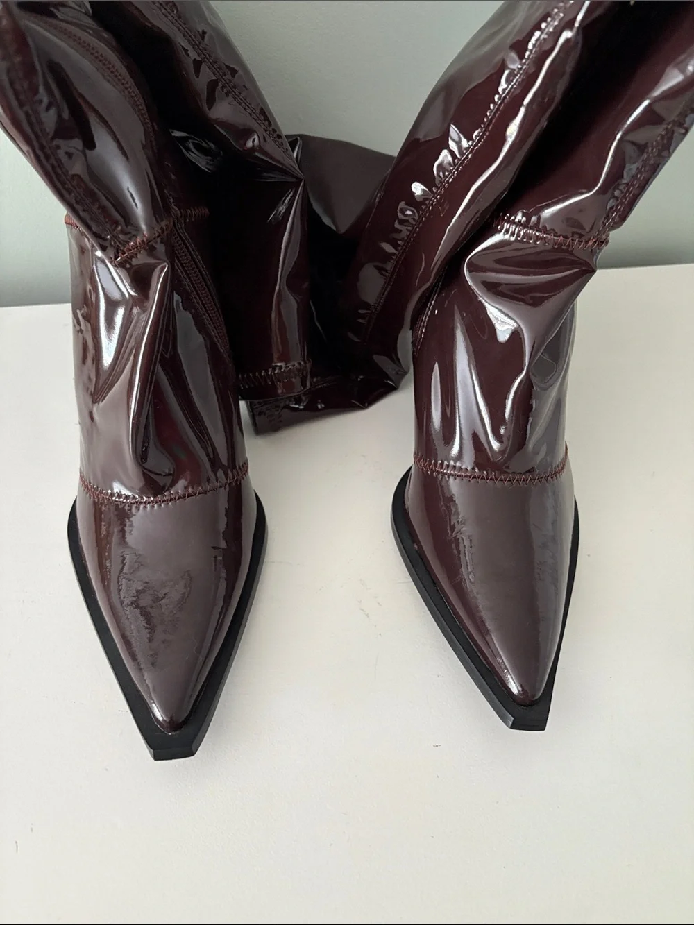 Patent Over-the-Knee Stiletto Boots in Dark Brown
